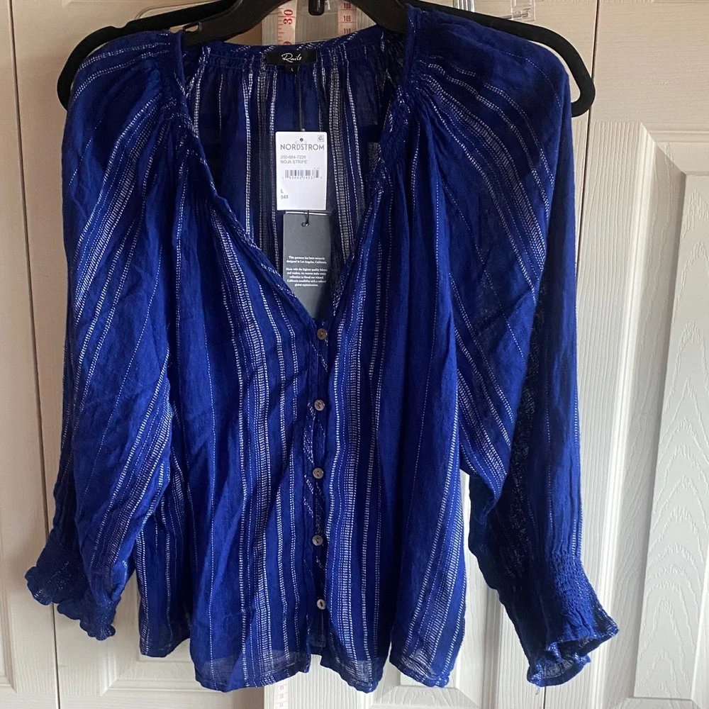 Rails NWT Mariah Relaxed Fit Blue/White Striped Linen Blend Button-Up Blouse - Picture 3 of 14